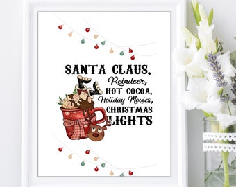 Santa Claus Reindeer, Christmas Printable Wall Art Decor, Christmas Gift Digital Print