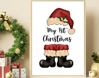 Kids Bedroom Printable Wall Art Decor, My First Christmas Santa Hat and Boots, Holiday Sign Digital Print