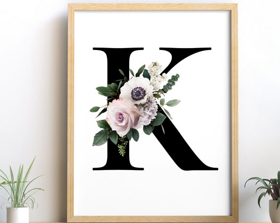Printable Wall Decor, Monogram Letter K, Alphabet K Digital Print, Floral Letter K Home Decor, Monogram K Instant Download