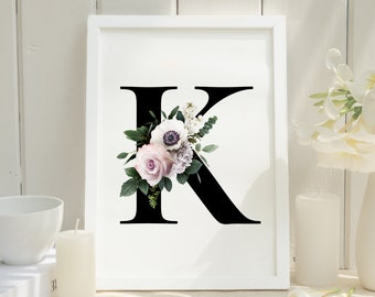 Floral Letter K Printable Wall Art, Monogram Printable Flower Alphabet K, Digital Print Letter K, Home Decor Instant Download