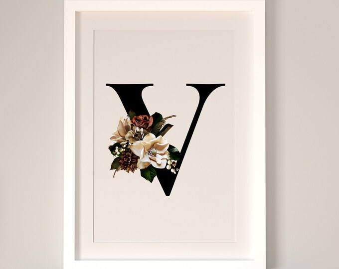 Printable Wall Art Monogram, Letter V Floral Home Decor, Flower Print Alphabet V, Letter V Instant Download