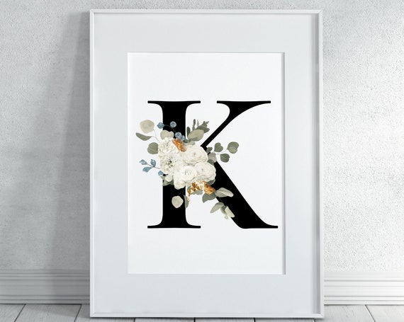 Letter K Printable Wall Art Monogram, Floral Alphabet K Home Decor, Monogram Floral K Wall Hanging, Monogram Alphabet K Instant Download