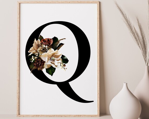 Printable Wall Art Decor, Floral Monogram Letter Q, Flower Printable Monogram, Alphabet Q Digital Print, Letter Q Instant Download