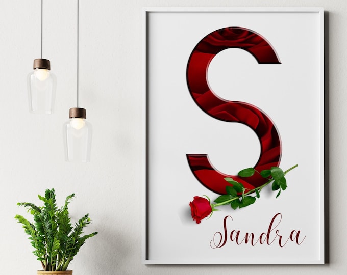 Personalized Gifts for Mom, Letter S Rose Print, Printable Wall Decor Monogram, S Room Decor, Floral Rose Letter S, Alphabet S Digital Print