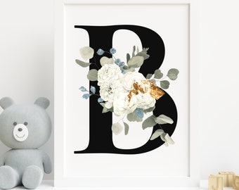 Monogram Initial B with White Flowers, Printable Wall Art, Digital Prints, Gifts for Her, Valentines Day Gifts, Single Letter Monogram