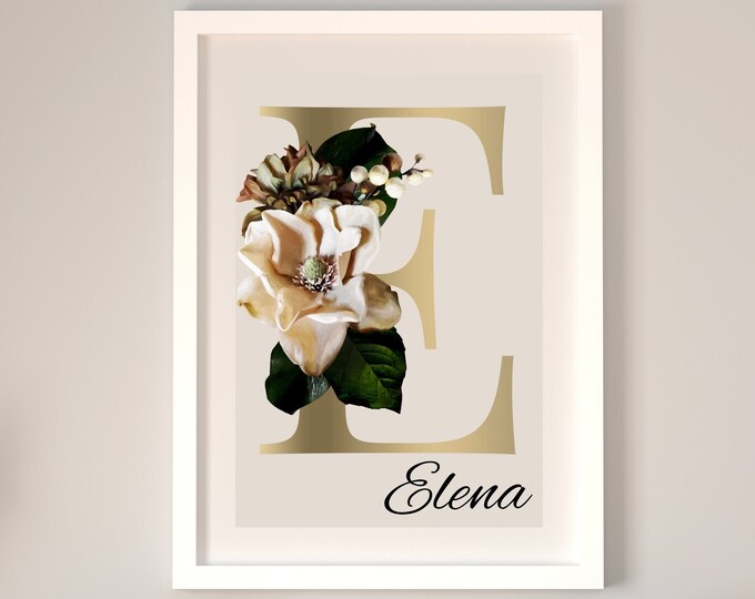 Monogram Initial E in Gold with Magnolia Flowers, Personalized Gifts