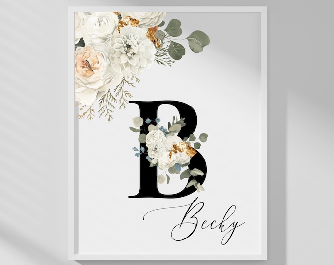 Custom Letter B Personalized Gifts, Printable Wall Art Monogram B, Floral Letter B Home Decor, Monogram B Digital Print, B Instant Download