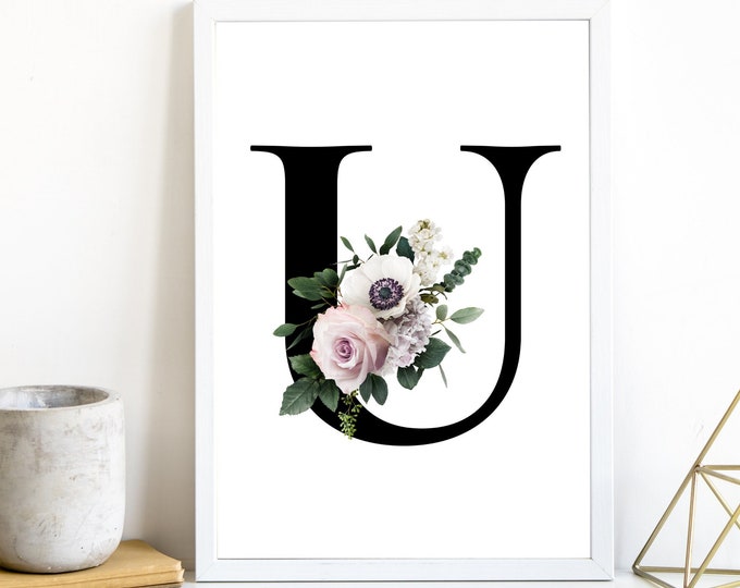 Monogram Initial U with Pink, White and Purple Flowers, Printable Wall Art, Digital Print