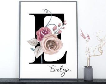 Easter Gifts for Her, Name Initial Wall Art, Personalized Gifts, Monogram Initial E Pastel Rose 3-Piece Floral Art Set, Digital Prints