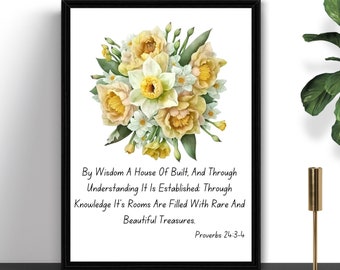Christian Prints Floral, Daffodil Flower Printable Wall Art, Gifts for Her, Scripture Prints