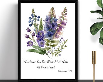 Christian Prints Floral Larkspur Flowers, Scripture Wall Art Printable, Home Decor and Gifts for Women