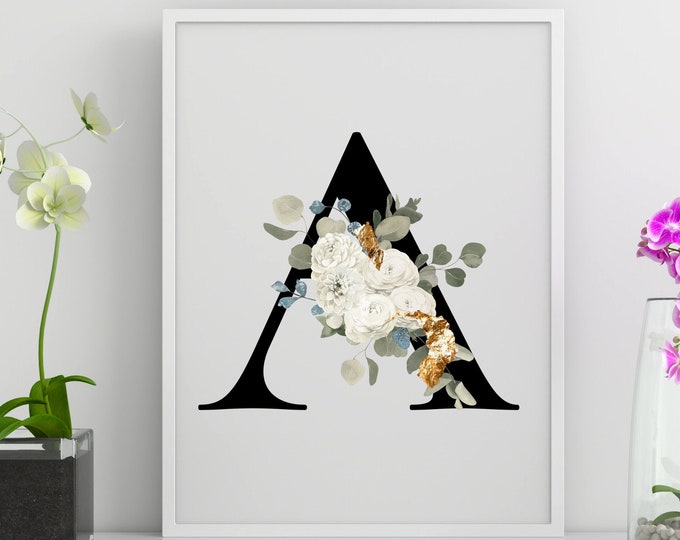 Letter A Wall Art, Initial A Print, Instant Download, Letter A Wall Decor, Printable Wall Art, Floral Letter A Print, Monogram Wall Art