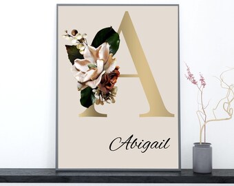 Personalized Gifts for Mom, Digital Prints, Initial A Monogram with Magnolia Flowers, Name Initial Art, Printable Wall Art Decor