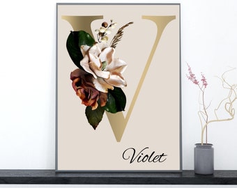 Name Initial Wall Art, Personalized Gifts for Her, Monogram Initial V with Magnolia Flowers, Digital Prints, Gifts for The Home