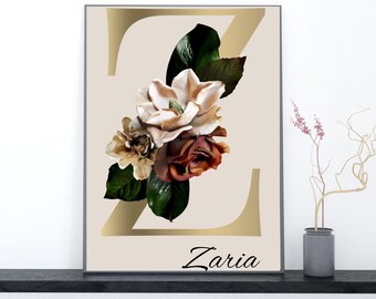 Personalized Gifts for Mom, Monogram Initial Z with Magnolia Flowers, Digital Prints, Printable Wall Art, Name Initial Art, Gifts for Home