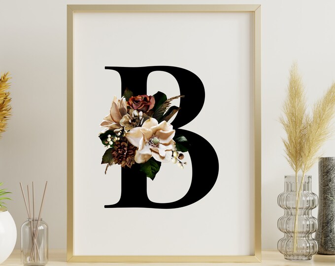 Floral Printable Wall Art Monogram B, Monogram Letter B Home Decor, Alphabet B Digital Print, Letter B Monogram Instant Download