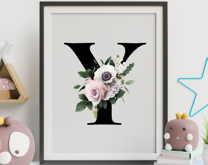 Printable Wall Art, Monogram Y Floral Home Decor, Flower Printable Monogram, Alphabet Y Digital Print, Letter Y Instant Download