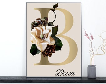 Printable Wall Art Decor, Monogram Initial B in Gold with Magnolia Flowers, Digital Prints, Personalized Gifts for Her, Name Initial Art