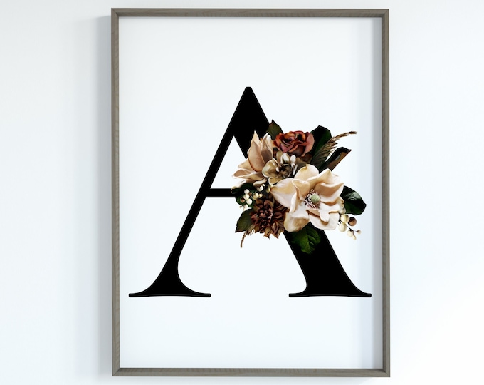 Monogram Initial A with Magnolia Flowers, Printable Wall Art, Digital Prints, Art Decor Monogram Initials, Floral Monogram Letter A