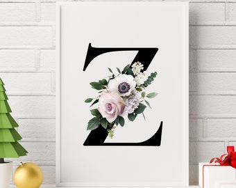 Printable Wall Art, Monogram Initial Z with Pink, White and Purple Flowers, Digital Print