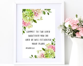 Christian Wall Art, Proverbs 16:3 with Green, White and Pink Flowers, Digital Prints, Printable Wall Art, Bible Devotions, Gifts for Her