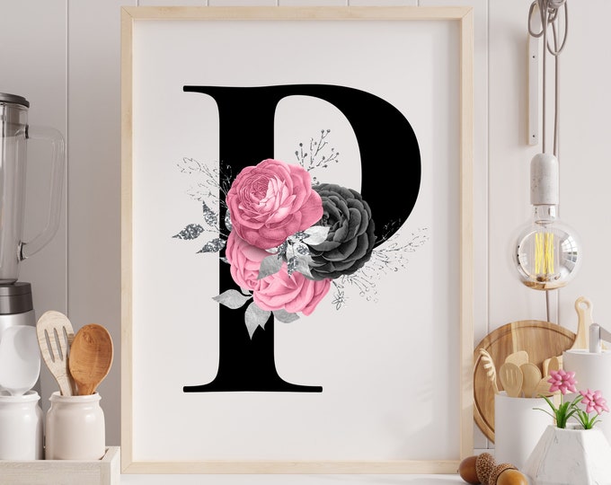 Monogram P Printable Wall Art With Pink Black Silver Roses