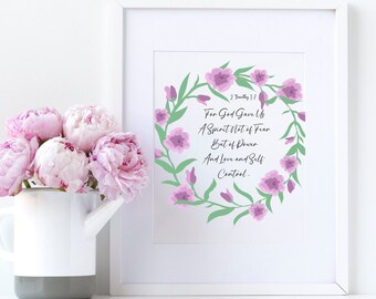 Christian Printable Art, Christian Wall Art Prints, God Gave Us A Spirit Not of Fear -2 Timothy 1:7, Christian Prints Floral Pink and Purple