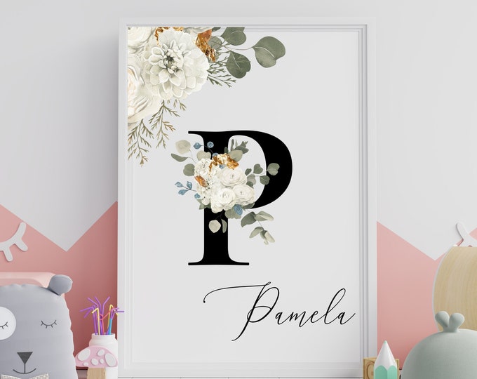 Personalized Gifts, Printable Wall Art Monogram, Custom Names, Floral Letter P Digital Print, Monogram P Home Decor, P Instant Download