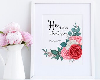 Printable Wall Art, Bible Psalms 139:17 with Red Pink and White Flowers, Digital Prints, Home Decor Gifts for Her, Birthday Gifts