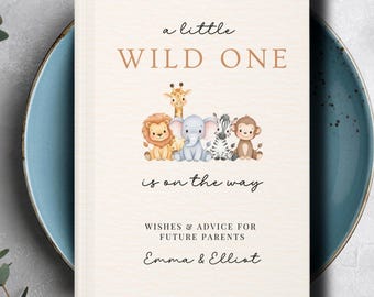 Baby Shower Guest Book Personalized, Safari Jungle Baby Animal Theme, Wishes & Advice, Memory Keepsake, New Parent Gift, Little Wild One