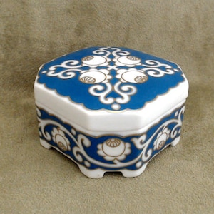 Antique Czechoslovakian Trinket Box | Regal Blue, White, and Gold | Pfeiffer & Löwenstein | Ars Nova Schlacken Werth | 1920s Czechoslovakia