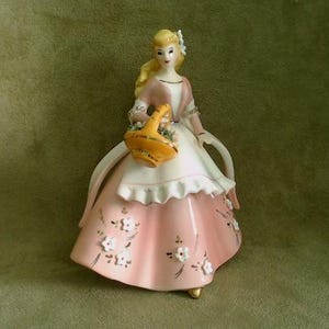 Vintage Girl with a Flower Basket Figurine | Young Lady in a Pink Dress, with Apron & Shawl | Ready for Spring | 1950s Lefton Made in Japan