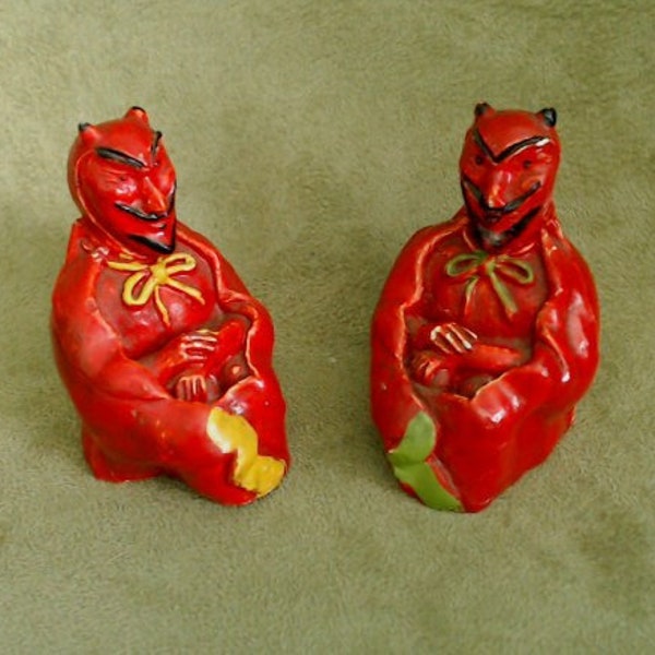 Vintage Chalkware Devil Salt and Pepper Shakers | Classic Red Devil | Devilish Decor for Halloween or Occult Occasions | 1930s Made in Japan