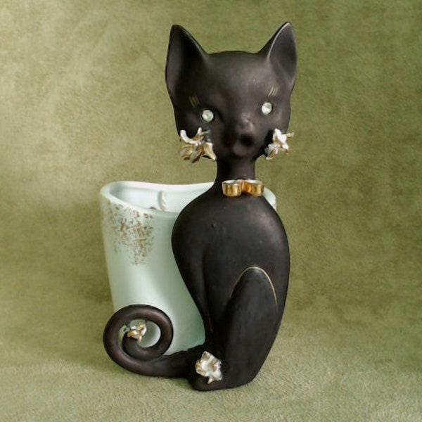 Vintage Black Cat Wall Pocket | Sleek Mid Century Kitty with Rhinestone Eyes and Porcelain "Spaghetti" Whiskers | 1950s Lefton Made in Japan