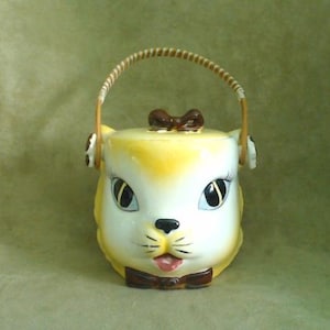 Vintage Yellow Cat Biscuit Jar | Kitschy Mid Century Cookie Jar | Cute Kitty Cat with Huge Eyes | 1950s RELCO Made in Japan