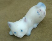 Vintage Fenton Satin Glass Cat Pastel Blue and White Art Glass Kitten with Pink Flowers Playful Pouncing Kitty Artist Signed quot Amy S. quot