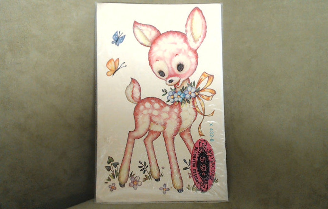 Vintage Pink Deer Vinyl Decal Kitschy Cute Kawaii Soft Pink Fawn Baby Deer With Butterflies and