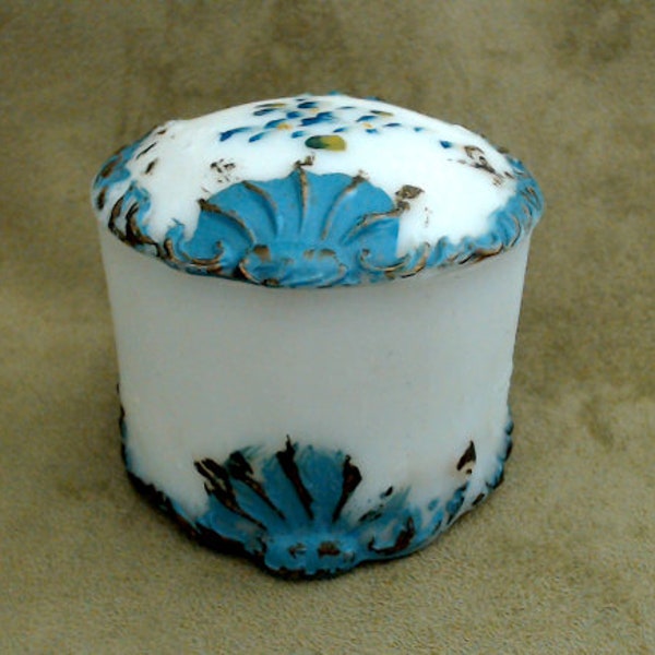 Antique Milk Glass Puff Box | Victorian Glass Lidded Vanity Dish | Hand Painted | "Ray End" | EAPG | 1890s Dithridge & Company | Made in USA