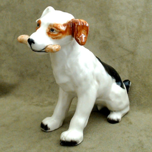 Vintage Large Dog Figurine | Jack Russell Terrier | Happy Dog with His Bone | Royal Doulton Inspired Mid Century Dog | Made in Japan