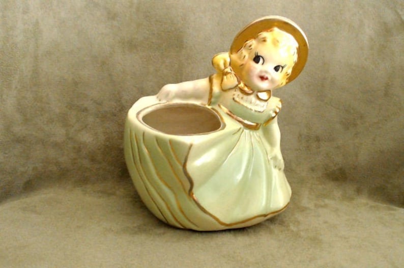 American Bisque Shafer Made in USA Spring Green with Gold Gilt Mid Century Ceramic Vase Vintage Girl in Ruffled Dress Planter