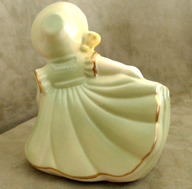 American Bisque Shafer Made in USA Spring Green with Gold Gilt Mid Century Ceramic Vase Vintage Girl in Ruffled Dress Planter