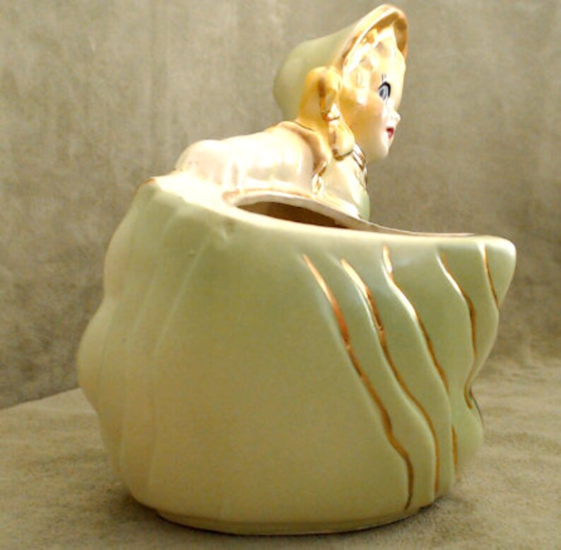 American Bisque Shafer Made in USA Spring Green with Gold Gilt Mid Century Ceramic Vase Vintage Girl in Ruffled Dress Planter