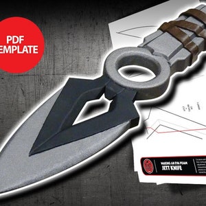 May include: A gray and black foam Jett knife prop with a brown leather wrap. The knife has a ring handle and a pointed tip. The image includes a PDF template for making the knife.