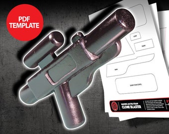 May include: A DIY foam blaster prop, a replica of the weapon used by clone troopers in the Star Wars universe. The blaster is made of foam and is painted in a metallic silver color. The image also includes a PDF template for making the blaster.