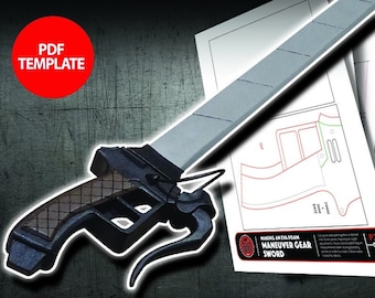 May include: A black and grey foam sword with a handle and a blade. The sword is a replica of the manoeuvre gear sword from the anime Attack on Titan. The image also includes a PDF template for making the sword.