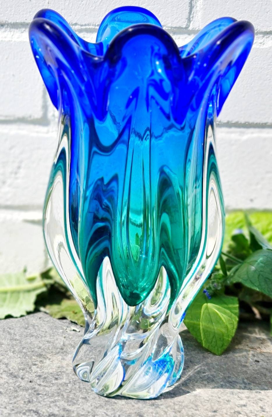 Vintage Murano Vase Hand Blown Art Glass Vase Blue Green Etsy