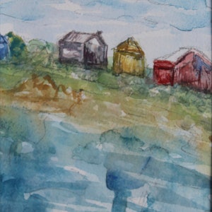 Original Transparent and Opaque/Gouache Watercolor Painting, Beach Cottage, Aero, &quot;Crayon Box Cottages, Aero&quot;