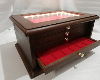 Coin cabinet with LED ® light , in real wood color Walnut 5 Drawers