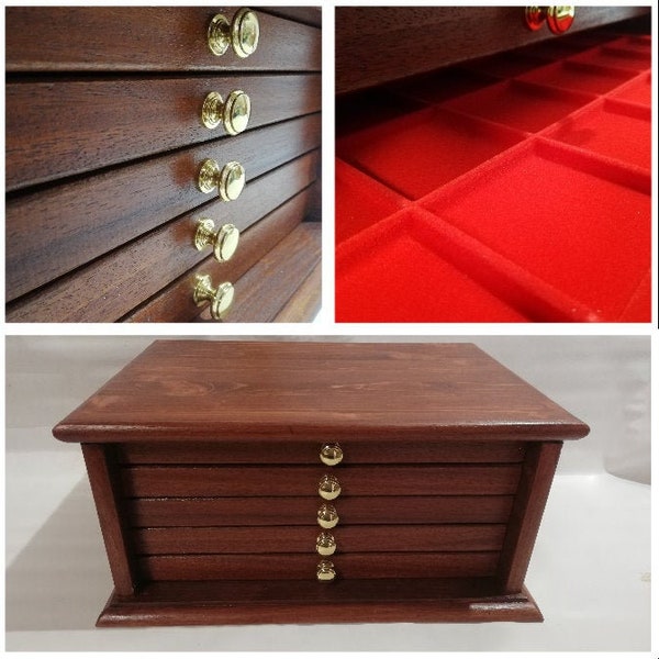 Coin cabinet in real wood color Mahogany 5 Drawers