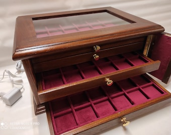 Coin cabinet  5 Drawers in real wood and Italian Bordeaux Velvet of first choice red
